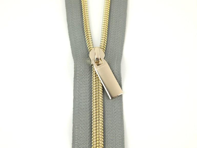 Zipper Tape - 3 yds + 9 pulls - Grey Tape, Gold pull - ZBY5C7