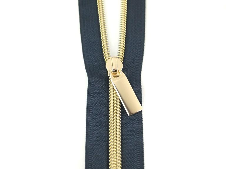 Zipper Tape - 3 yds + 9 pulls - Navy Tape, Gold pull - ZBY5C17
