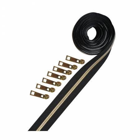 Zipper Tape Metallic BLK-GO - Black/Gold - 2.5yds+7 slides - Pam Damour