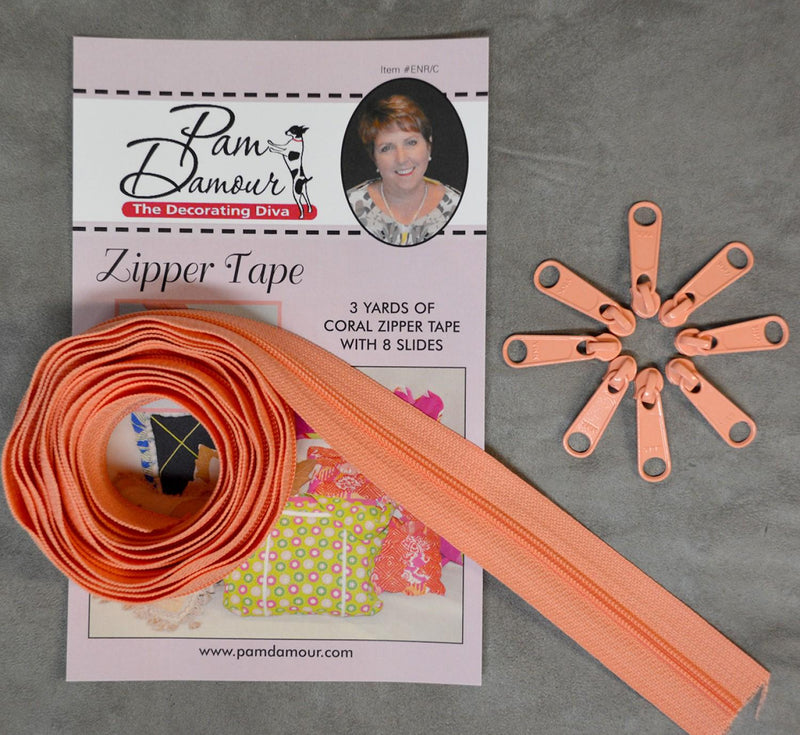 Zipper Tape by Pam Damour - 3 yds with 8 sliders - CORAL