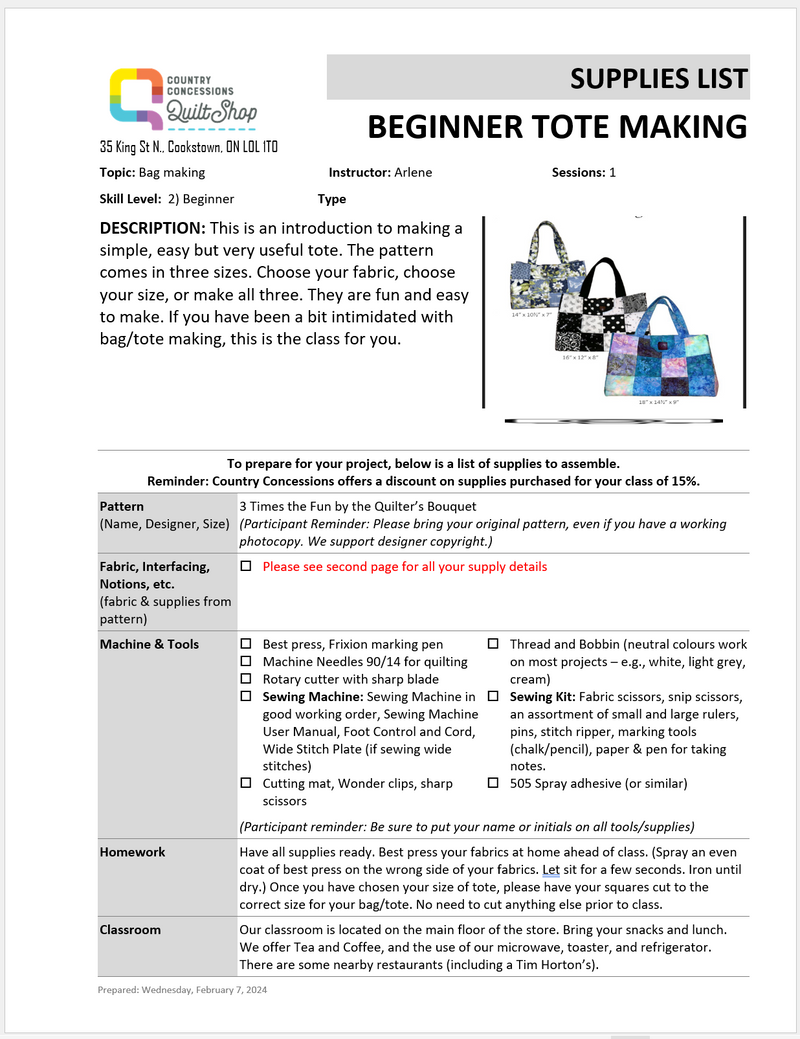 Beginner Tote Making   (May 23, 2024)
