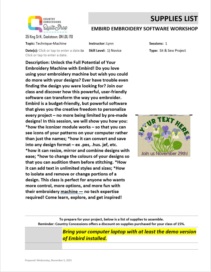 Embird Embroidery Software Workshop (November 29, 2025)