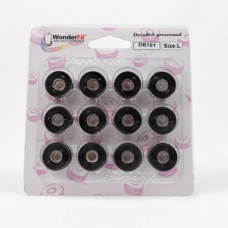 DecoBob Prewound Bobbins Cottonized Polyester Size L 80wt Black (12 bobbins) DB101