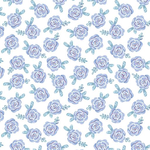 Dreamers by Benartex - Roses Blue on White Pearlescent 13411P-52
