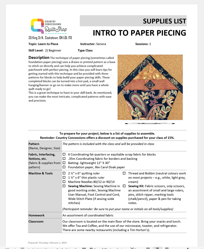 Intro to Paper Piecing (June 21, 2025)