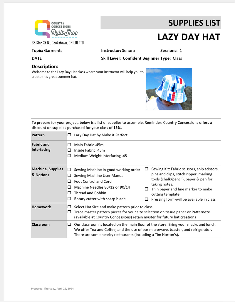 Lazy Day Hat Class (July 08, 2023)