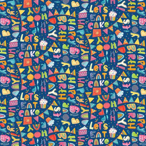 Lets Eat Cake Blank Quilting - Birthday Words 3092-77 Navy