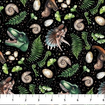 Paleo Tales by Northcott -Dino Heads Multi Black DP26784-99