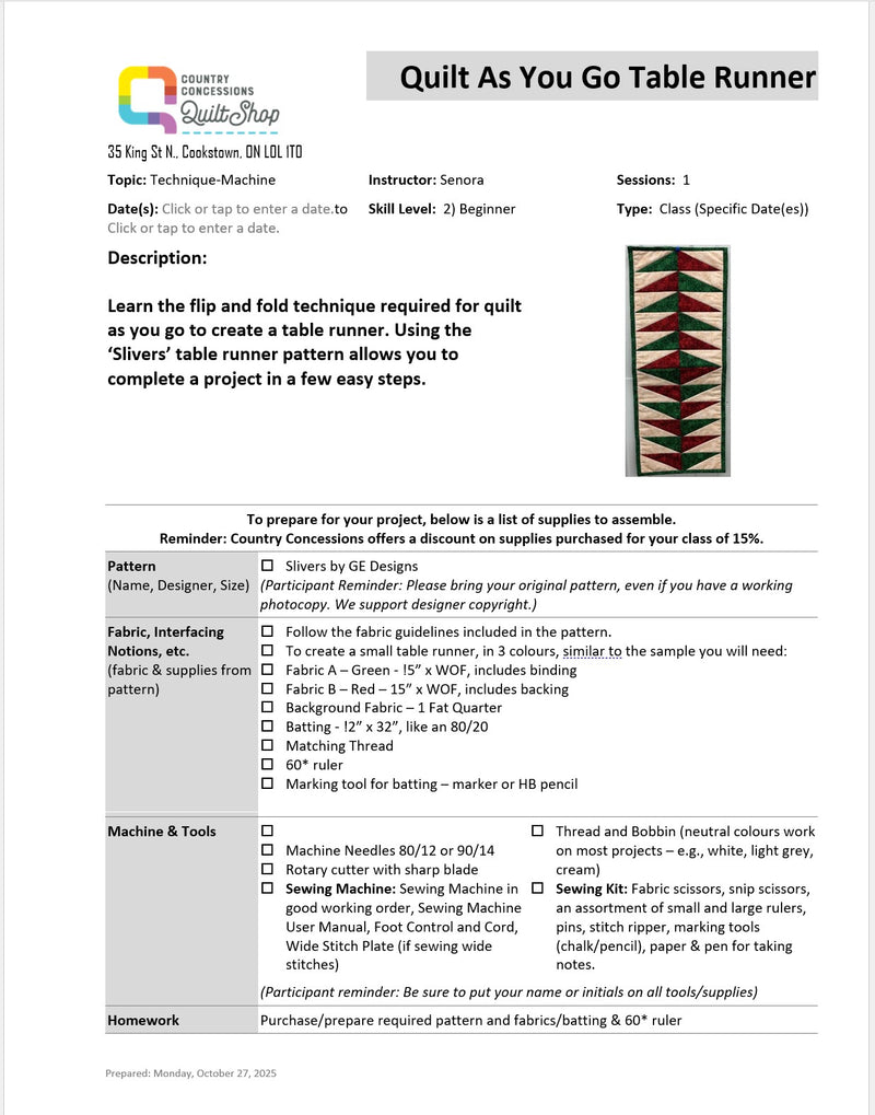 Quilt as You Go Table Runner (December 15, 2025)