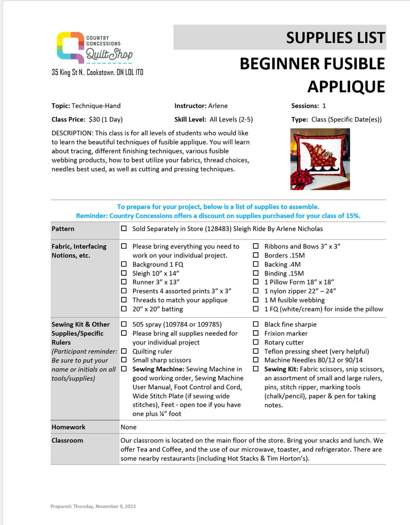 Beginner Fusible Applique Class (December 06, 2025)