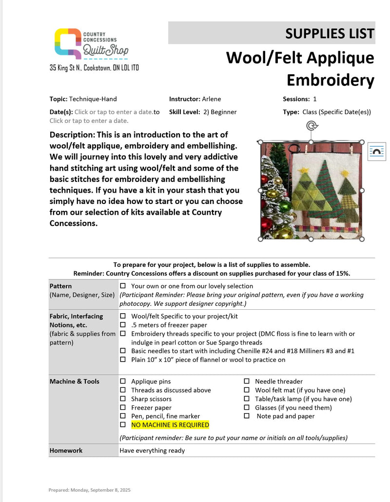 Beginner Wool/Felt Applique (November 12, 2025)