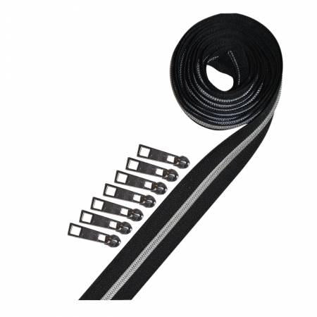 Zipper Tape Metallic BLK-SLV - Black/Silver - 2.5yds+7 slides - Pam Damour
