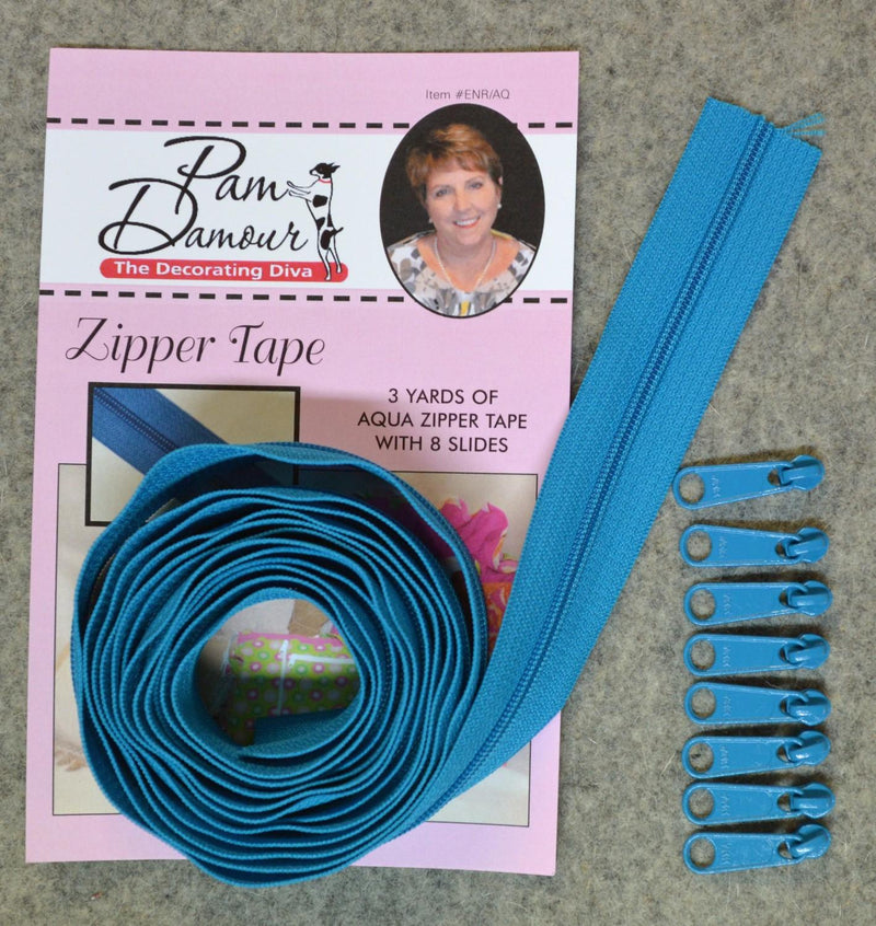 Zipper Tape by Pam Damour - 3 yds with 8 sliders - AQUA