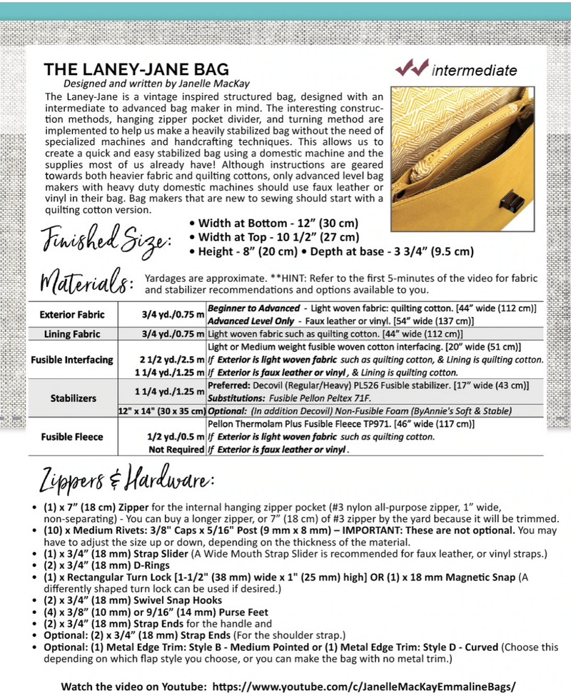 Laney Jane Bag PATTERN by Emmaline Bags (12"w x 8" h) EMMB-124
