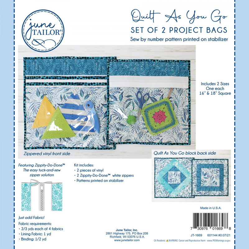 Quilt As You Go Zippity Do Done Kit - (2 Bags 16" & 18") - White JT1669