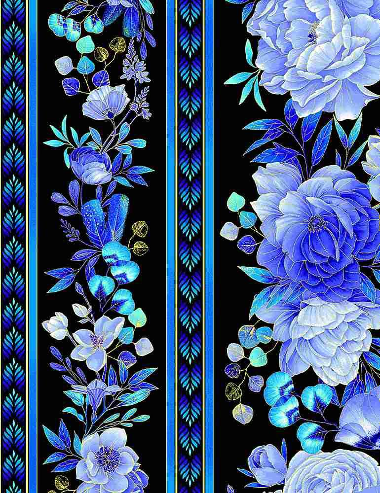 Royal Plume by Timeless Treasures - Metallic Floral 11" Stripe CM1562 BLK